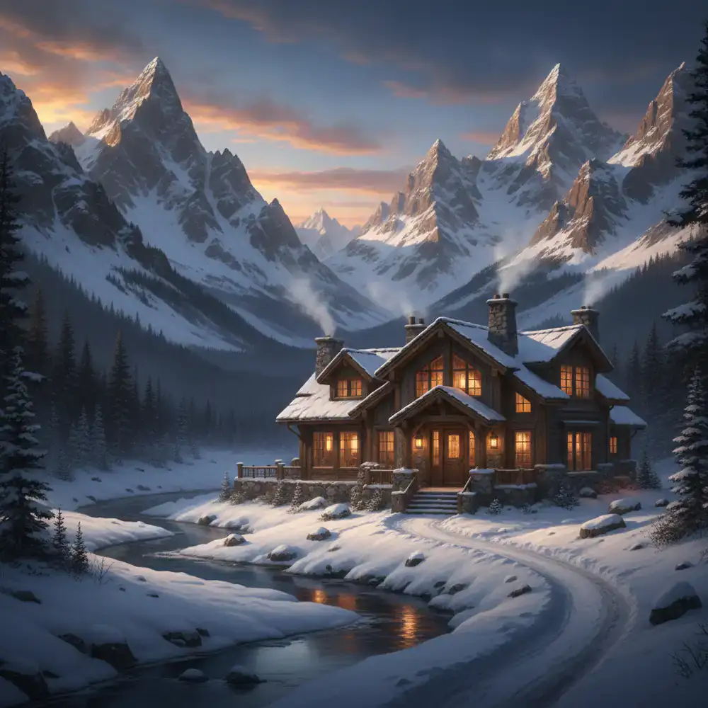 Cozy mountain lodge surrounded by peaks